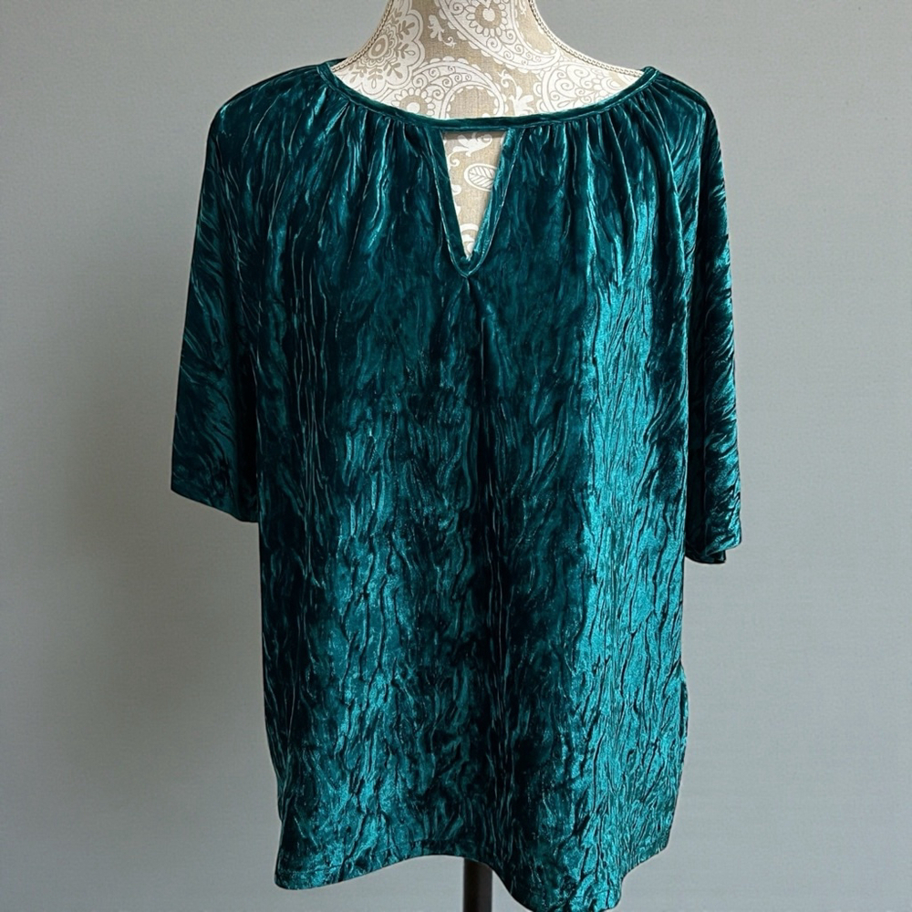 Beautiful Lawrence Zarian Teal Crushed Velvet Blouse Top Women’s Large - Picture 15 of 15